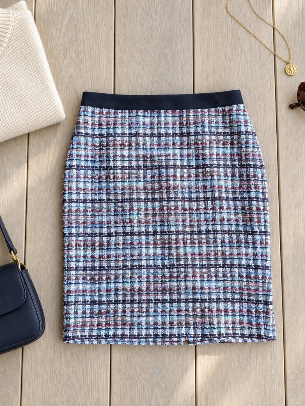✨Talbots Multicolor Boucle Tweed Pencil Skirt Metallic Thread Navy Burgundy 8✨